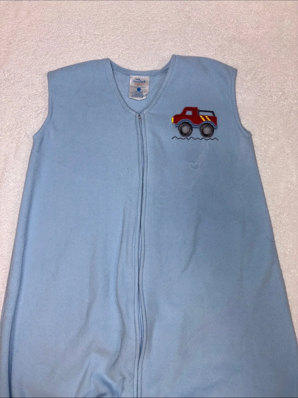 HALO Light Blue Sleeveless fleece  Sleep Sack with Red Truck 2t/3t